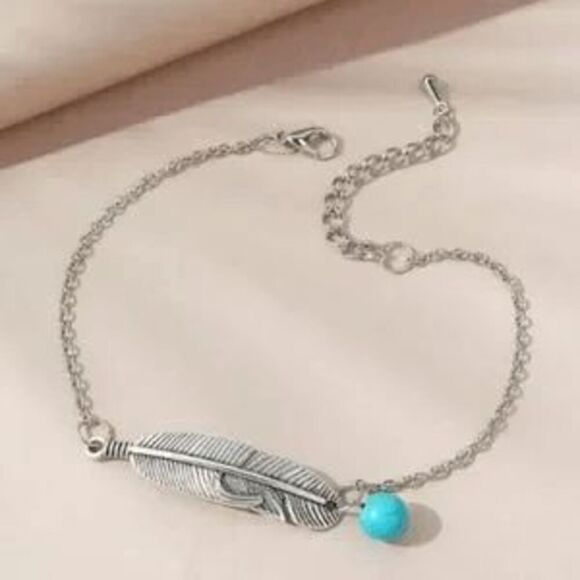 BOHO FEATHER AND TURQUOISE HANGING CHARM BOHO ANKLET - Picture 2 of 5